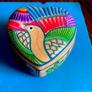 Mexican Folk Art Red Clay Pottery Heart Pelican Flowers Trinket Box Hand Painted